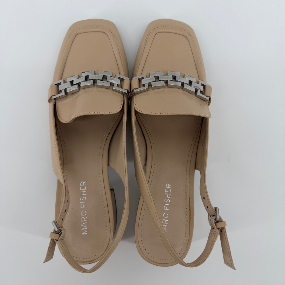 Marc Fisher Graci Loafer Womens 8M Beige Slingback Block Heel Silver Chain View 5